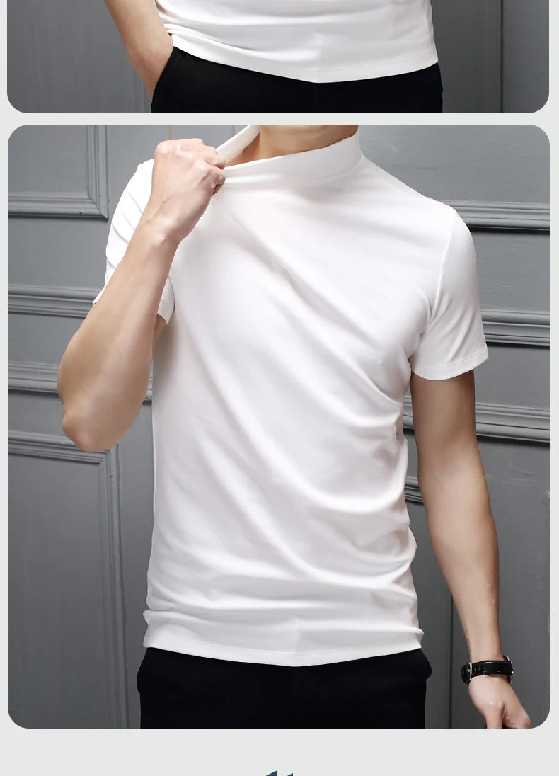 Mens Fashion T-shirt Mock Turtleneck Solid Knit Pullover Sweater Short Sleeve Casual Solid Color Dating Slim Fit Tops Undershirt