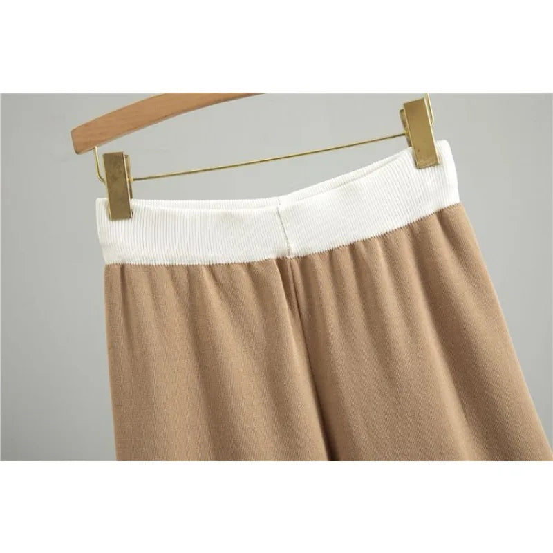 Fashionable Casual Suit for Women 2025 Spring and Autumn V-neck Contrasting Sweater Loose Wide-leg Pants Two-piece Set