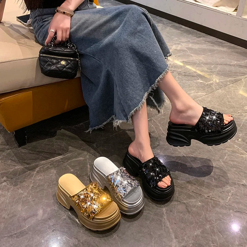 Aphixta Platform Sequined Cloth Sandals Slippers Women 8CM High Wedge Slides Women Shoes Gold Beach Slides Shoes