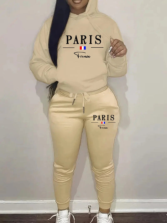 Women's Autumn/Winter Fashion and Leisure Paris Pattern Printed with Velvet Warm Thick Hoodie+Sports Pants Set SwiftNest