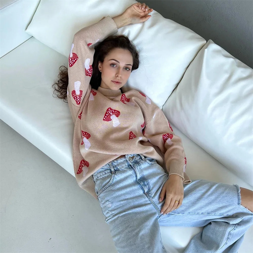 Women's Clothing Trend 2024 New Fashion Mushroom Graphic Print Sweater Long Sleeve Plus Size Tops Loose Casual Street Pullovers