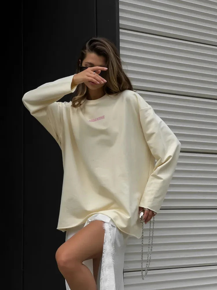 Women's Clothing Spring Loose Solid Color Round Neck Long Sleeve Tops Casual Fashion Simple Style All-match Trendy Comfortable