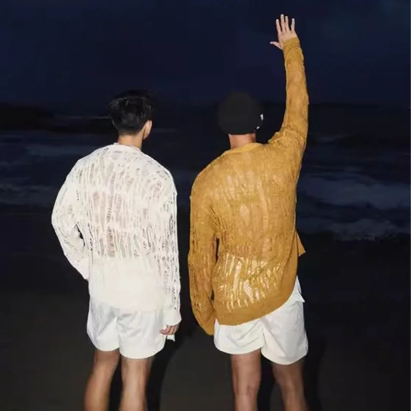 【 Fashion Items 】 Men's Laid-back Style Openwork Long-sleeved T-shirt , See-through Tattered Style Long-sleeved Knitted Sweater