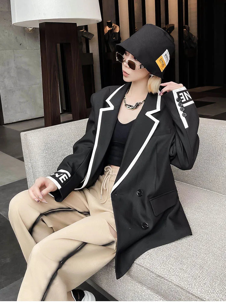 Women Fashion Jacket Wedding Casual Business High Quality Black Blazer Suit Coat Ladies Double Breasted Letter Long Sleeve Tops