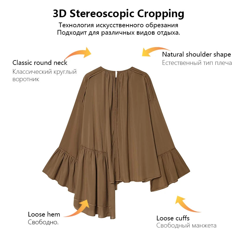 Womens Fashion Blouse Top With Ruffled Round Neck Long Sleeves And Asymmetrical Chiffon Shirt Autumn And Winter Casual Wear