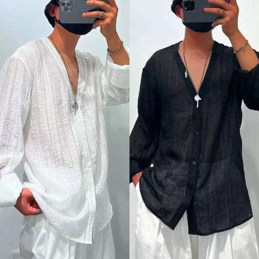 Mens Shirts Spring New Fashion Lace Long Sleeve Loose Casual T-shirt for Men