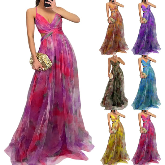 Women'S Summer Dress Fashion Sexy V-Neck Mesh Printed Suspender Holiday Casual Party Dress Casual Party Female Evening Vestidos