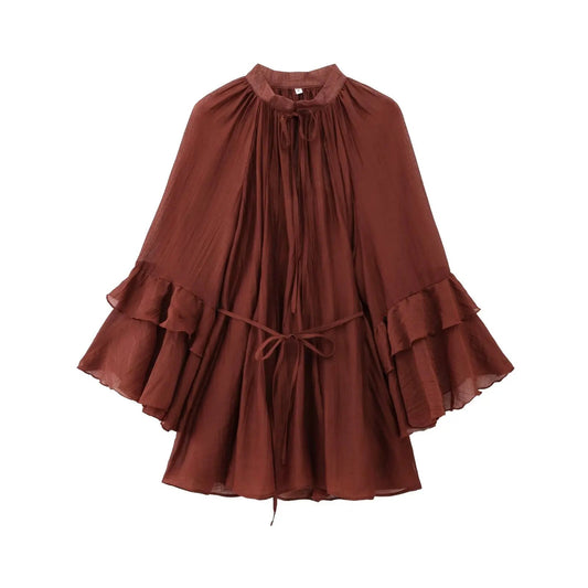 Women's Dress Fashion Versatile Solid Color Ruffle Round Neck Long Sleeve Style Spring New Dress SwiftNest