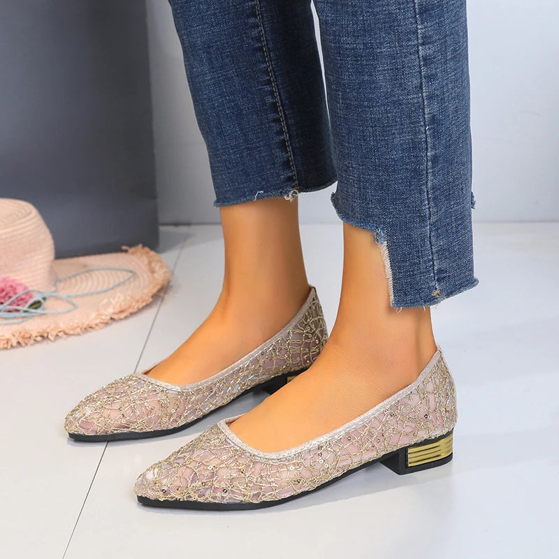 2024 Spring Summer Fashion New Casual Shallow Breathable High Heels Elegant Square Toe Thick Heel Mesh Women's Shoes NO:C1502