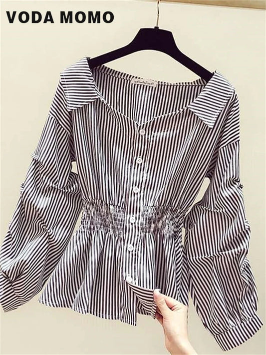 Fashion Summer New Casual Tops Loose All-match Blouse Printed V-Neck Striped Shirt Women's Clothing Commuting Wind Basic Daily