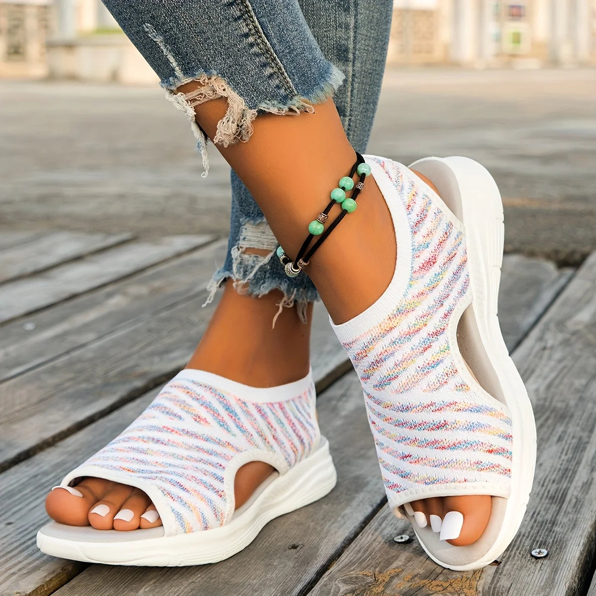 Summer 2024 Flat Bottom Roman Sandals Casual Knitting Comfortable Ladies Shoes Women's Slip-on Walking Shoes
