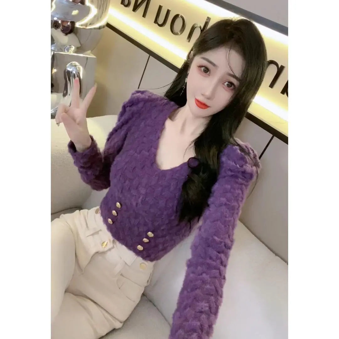 Women Clothes Spring Autumn Fashion Simplicity Elegant All-match Temperament Solid Color V-neck Puff Sleeve Button Long Sleeve T