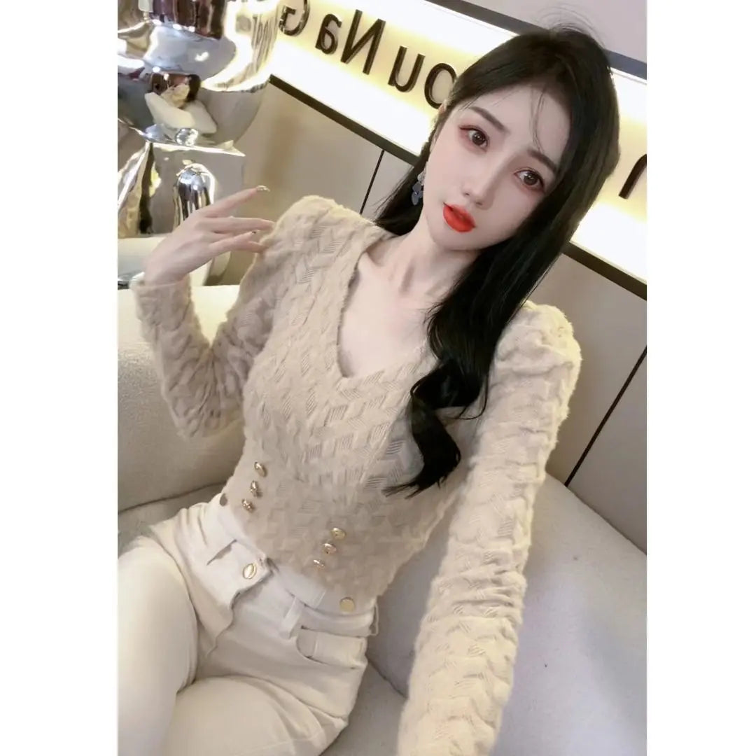 Women Clothes Spring Autumn Fashion Simplicity Elegant All-match Temperament Solid Color V-neck Puff Sleeve Button Long Sleeve T