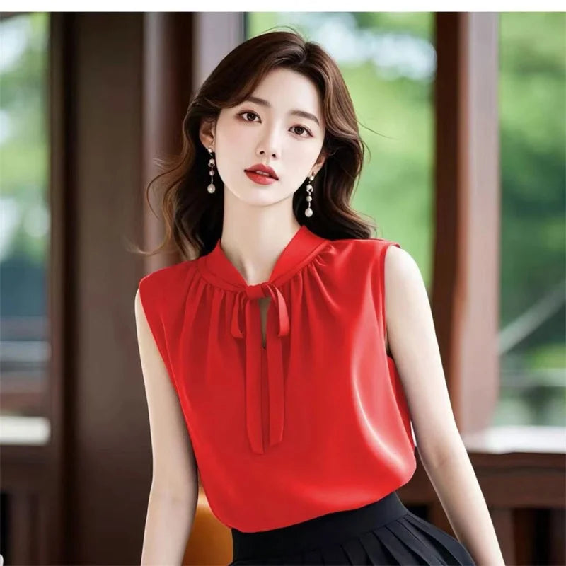 French Women Fashion Chiffon Blousees Vest Summer Ladies Bow Blouse Waistcoat High-grade Female Solid Color Sleeveless Shirts