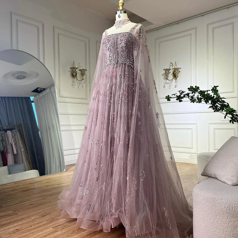 Serene Hill 2025 Arabic Nude A Line Cape Sleeve Crystal Beaded Luxury Evening Dresses Gowns Formal Occasion Customize BLA72764