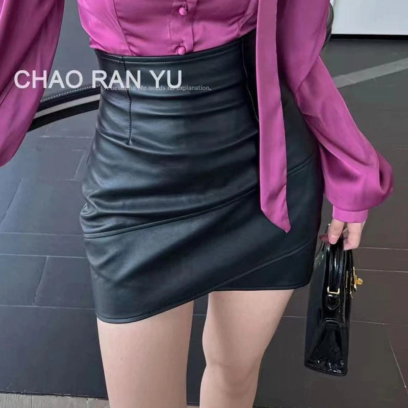 Women Clothing 2025 Autumn Korean Fashion Sexy Irregular Bodycon Mini Skirts Female High Waist Solid PU Leather Skirt Y2K Faldas