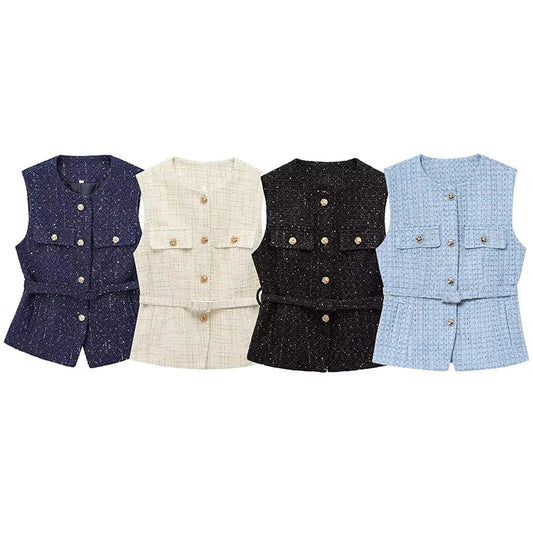 Women's Tweed Waistcoat Fashion with Belt O NeckSleeveless Vests Female Outerwear Chic Tops SwiftNest