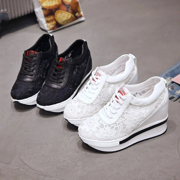 Womens Wedge Heel Block Heel Sandals Mesh Surface Women Shoes Breathable Casual Shoes Lace Up Tenis Thick Sole Sneakers