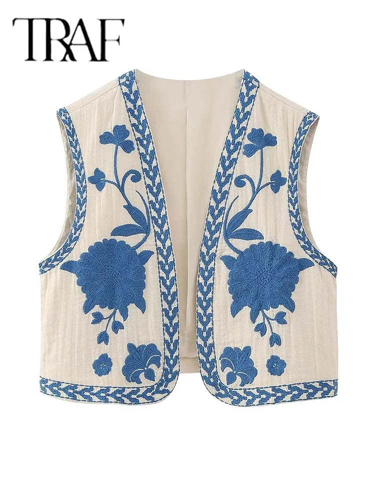 2025 Women Fashion Floral Embroidery Vest Vintage Sleeveless Waistcoat Ouertwear Female Streetwear Chic Vests Tops
