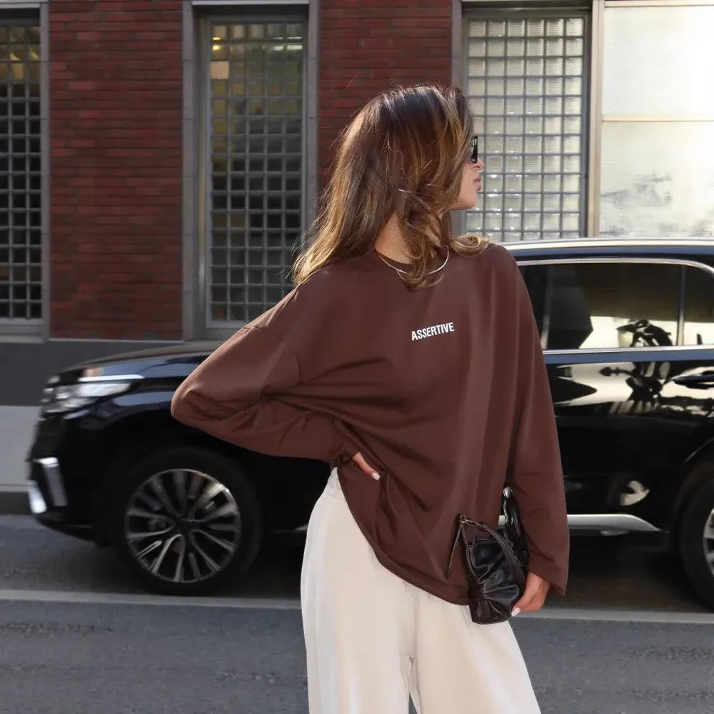 Women's Clothing Spring Loose Solid Color Round Neck Long Sleeve Tops Casual Fashion Simple Style All-match Trendy Comfortable