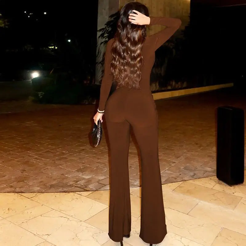 Women's Clothing 2025 Autumn Solid Color Long-sleeved Deep V-neck Fashion Pleated Slim-fit Jumpsuit