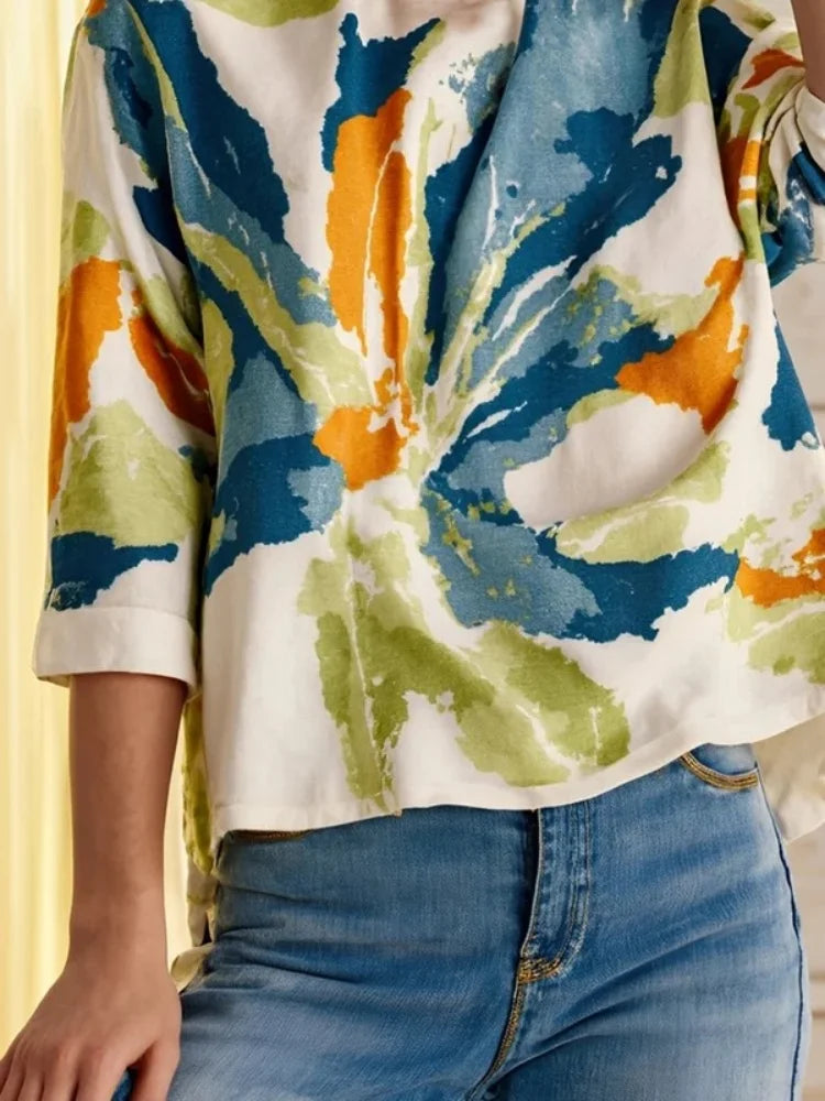 Women's Spring and Autumn Fashion T-shirt Round Neck Half Sleeves Printed Loose Fit Pullovers Casual Buttoned Back Shirt Top