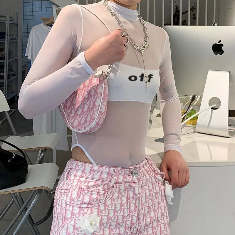 Fashion Trends Women Clothing Corset Top One-Pieces Bodysuit Sexy Long Sleeve See Through Body Feminino Gauze Patchwork Bustier