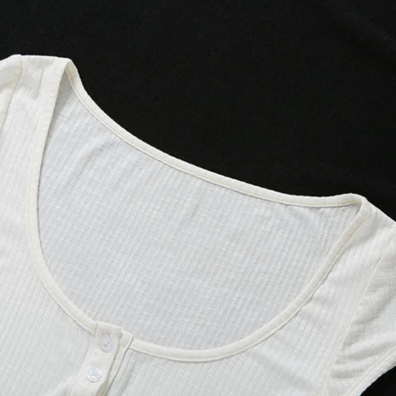 Women Summer Fashion Streetwear Sexy White Transparent Crop Tops Buttons V Neck Short Sleeve Pullover Slim T Shirts Club Party SwiftNest