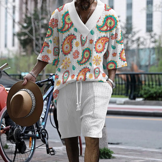 Men's Autumn Winter Fashion Casual Set: Soft Comfortable Fabric, Coconut Flower Elements Decor, V-Neck Design, Colorful Print Sw