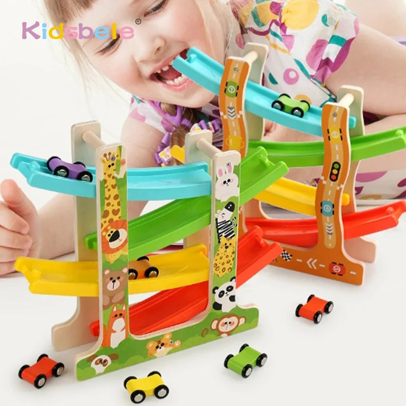 Kids Four-layer Wooden Gliders  Montessori Inertia Track Car Toys Animal And Traffic Theme Early Educational Toys Birthday Gifts