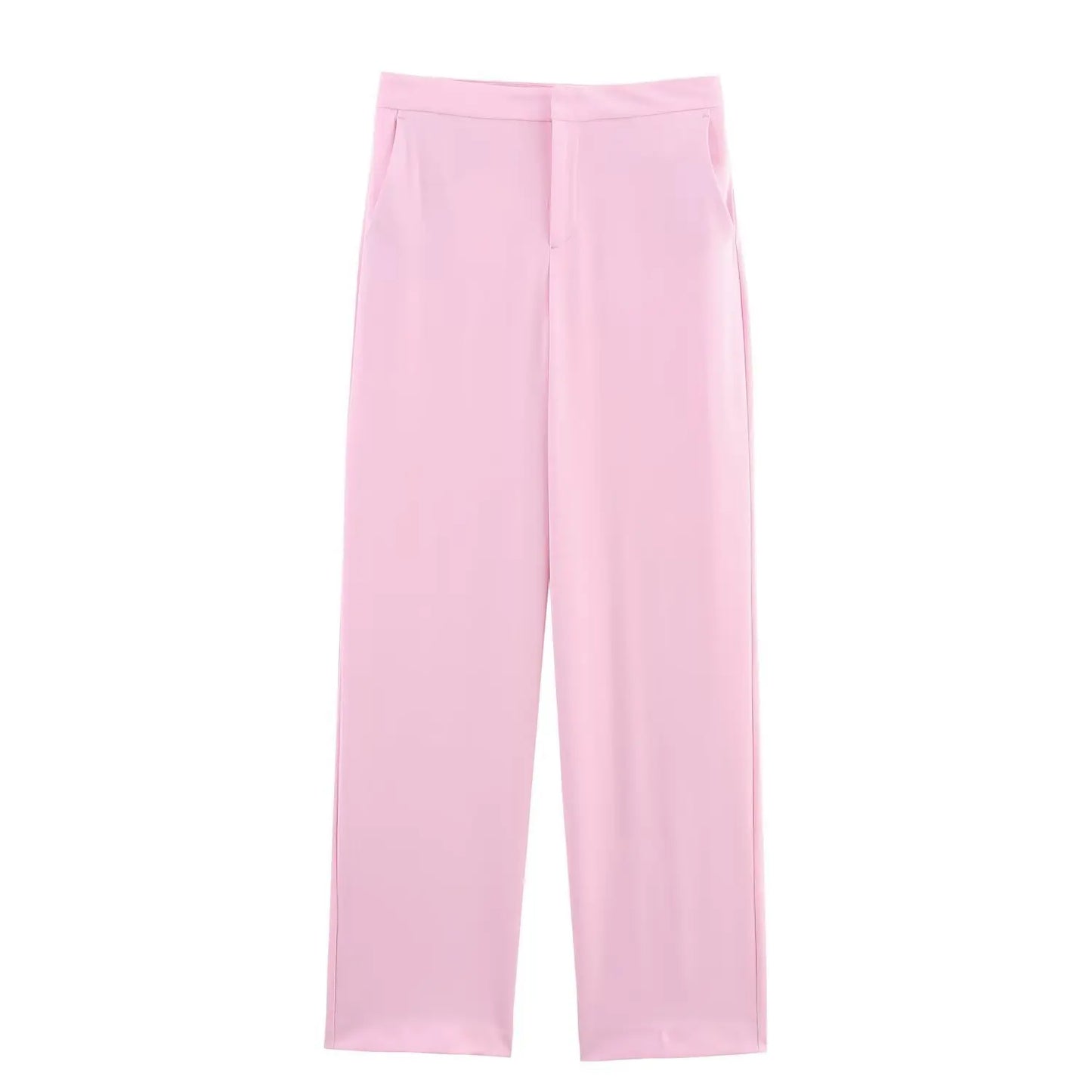 Women Fashion Pink Sets Turn-Down Collar Long Sleeves Single-Breasted Feather Blazer+High Waist Pocket Zipper Long Pants