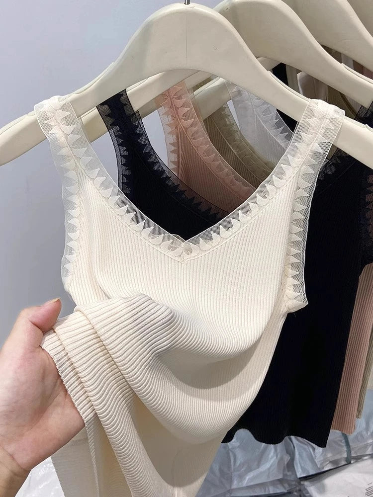 Women Summer Fashion Thin Knitted Undershirt Sleeveless Pullover Corset Top Half High Neck Comfortable Breathable Lace Tank Top SwiftNest