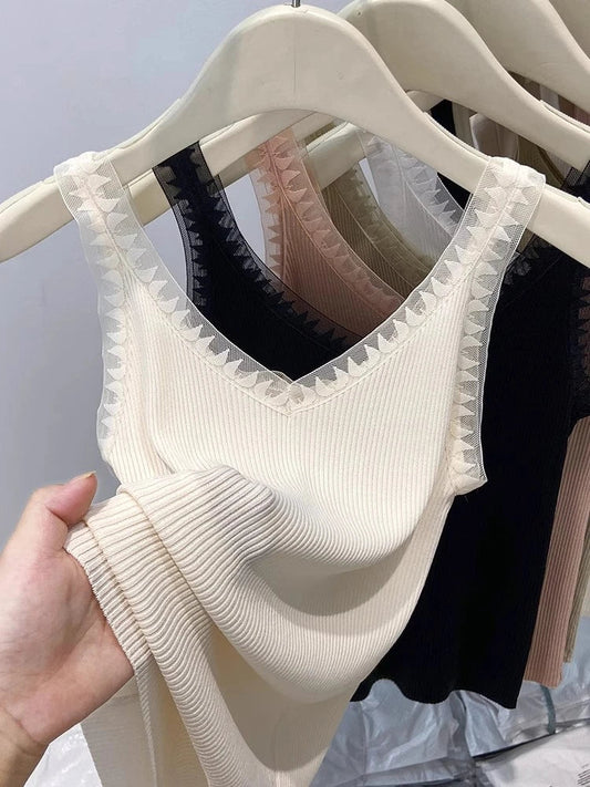 Women Summer Fashion Thin Knitted Undershirt Sleeveless Pullover Corset Top Half High Neck Comfortable Breathable Lace Tank Top SwiftNest
