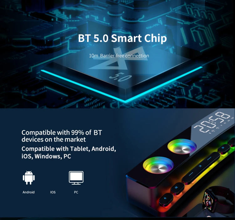 مكبرات صوت بلوتوث عالية الجودة، شريط صوت RGB ثلاثي الأبعاد، ستيريو محيطي، مضخم صوت، AUX، راديو FM، ساعة منزلية، كمبيوتر، مركز موسيقى، جديد وجذاب