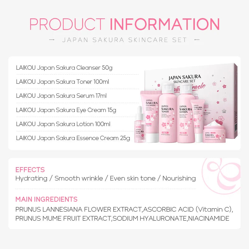 Laikou 6pcs/set Sakura Skin Care Sets Facial Cleanser Moisturizing Eye Creams Face Cream Serum Lotion Skin Care Kit