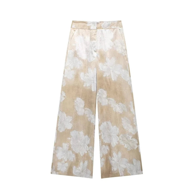 Women's Suit Spring-Summer 2024 New Fashionable Floral-Print Satin Shirt Printed Pants Elegant chic women's suit SwiftNest