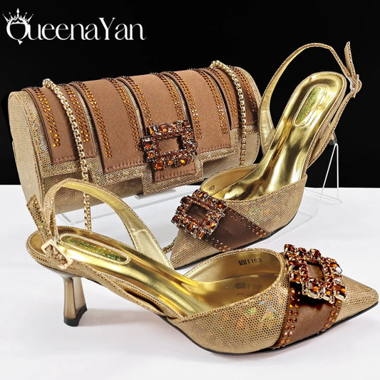 Spot Goods Italian Fashion Women Heels Elegant Color Block Design Brown Shoes And Bag Full Rhinestone Party Bag