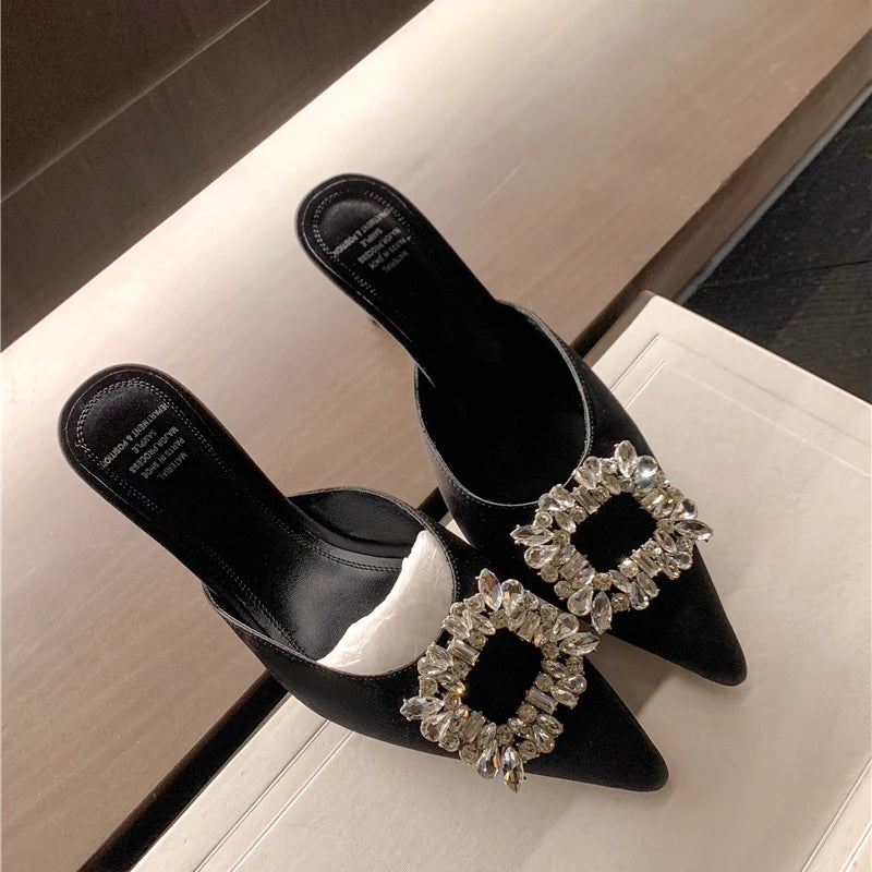 Drestrive 2022 Fashion Mules Crystal Knot Pointed Toe Women's Pumps Thin High Heel Summer Shoes Purple Dress Satin