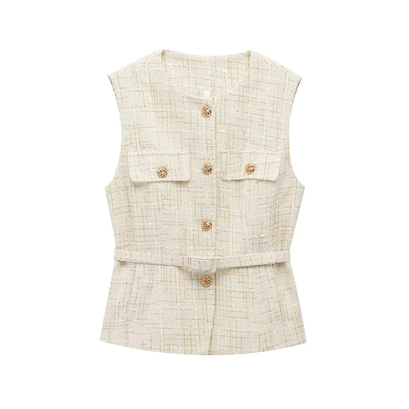 Women's Tweed Waistcoat Fashion with Belt O NeckSleeveless Vests Female Outerwear Chic Tops SwiftNest