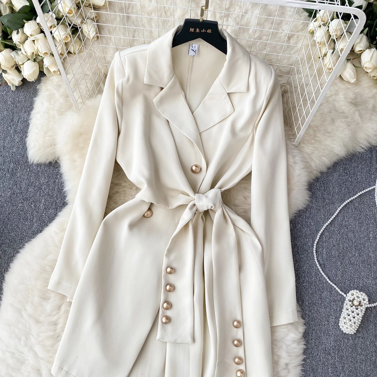 Women's Fashion Trendy Office Coat Dress Ladies Age Reduce Suit Collar Strap Tight Fit Short Pleated Long Sleeve Dress Coat
