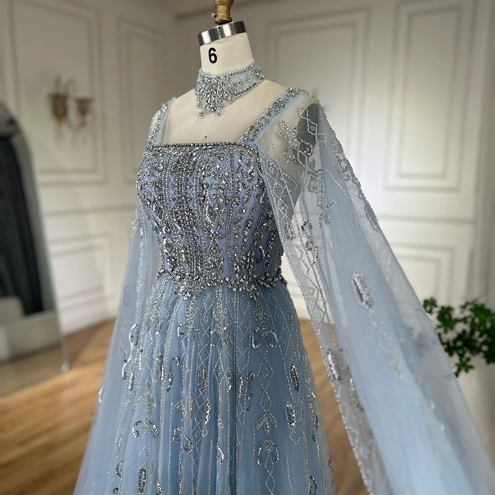 Serene Hill 2025 Arabic Nude A Line Cape Sleeve Crystal Beaded Luxury Evening Dresses Gowns Formal Occasion Customize BLA72764