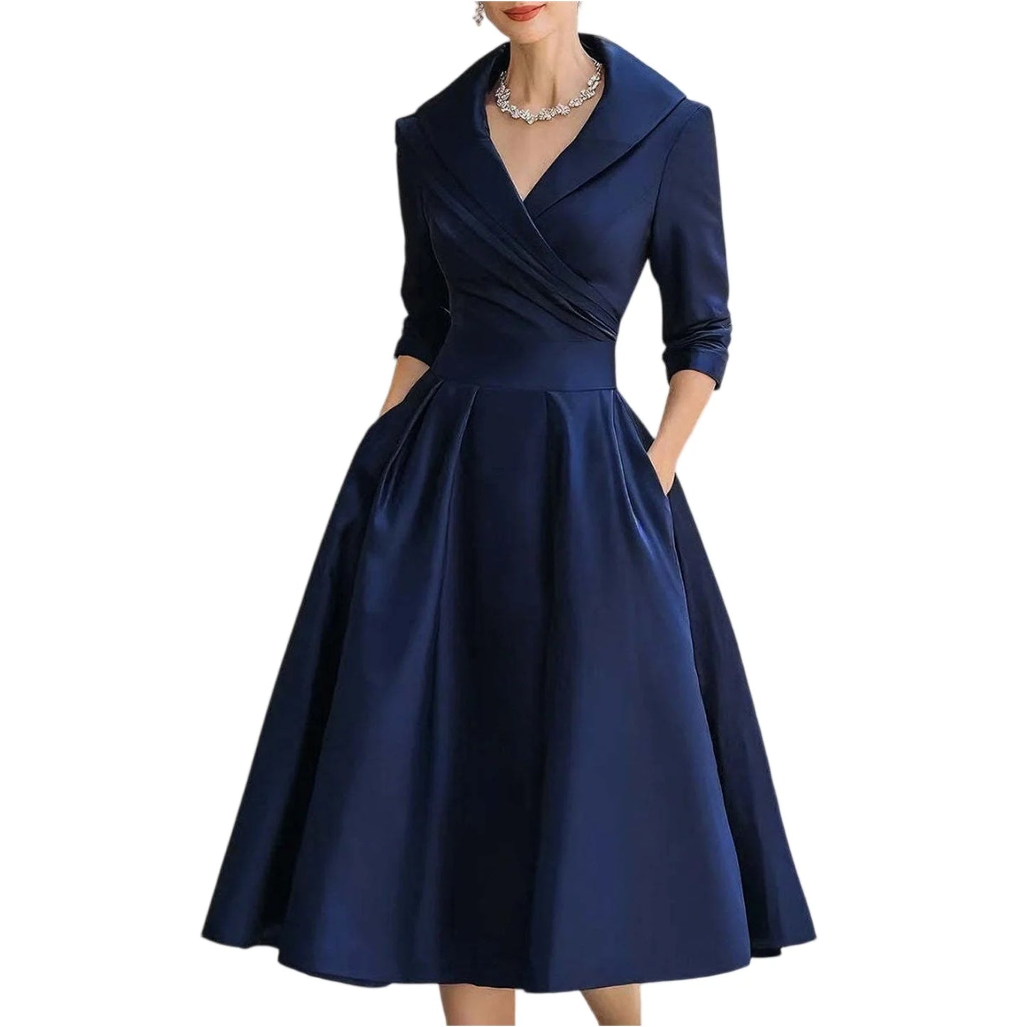 Women's Casual Fashion V-neck Retro Dress Elegant Waist Slimming Long-sleeved Party Dress Solid Color High Waist Commute Dress