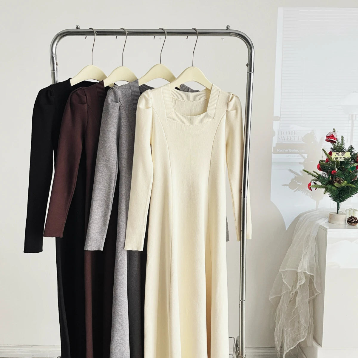 French Fashion Casual Women Inside Knitted Long Dress 2025 Spring New Long Sleeves Elegant Party Dresses Simple Vestidos Largos SwiftNest