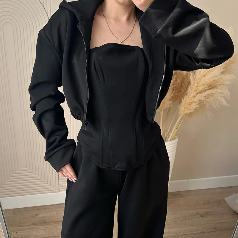 Women's clothing 2025 autumn new fashion hooded sweatshirt jacket vest wide leg pants three piece set