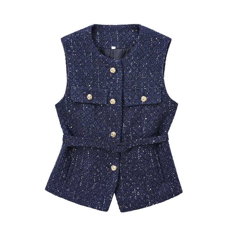 Women's Tweed Waistcoat Fashion with Belt O NeckSleeveless Vests Female Outerwear Chic Tops SwiftNest