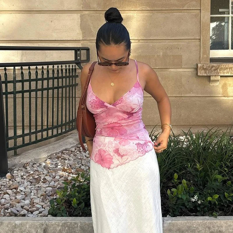 Floral Print Sexy Tops For Women Fashion Edgy Clothes Y2k Accessories Spaghetti Strap Crop Top Chiffon Camison Verano Ropa Mujer SwiftNest