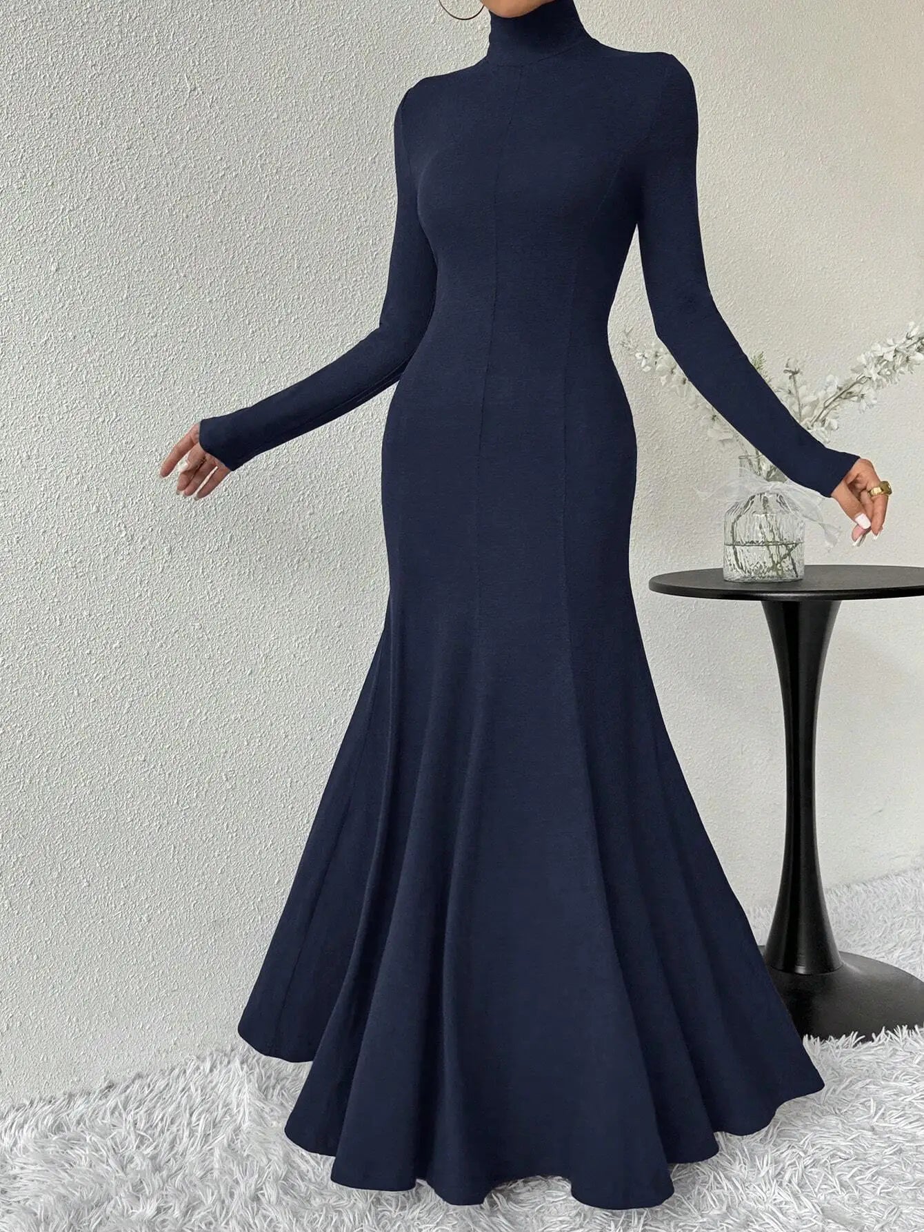 Women's Fashion Mature Style Dress Autumn Winter New High Neck Elegant Slim Fit Long Dress