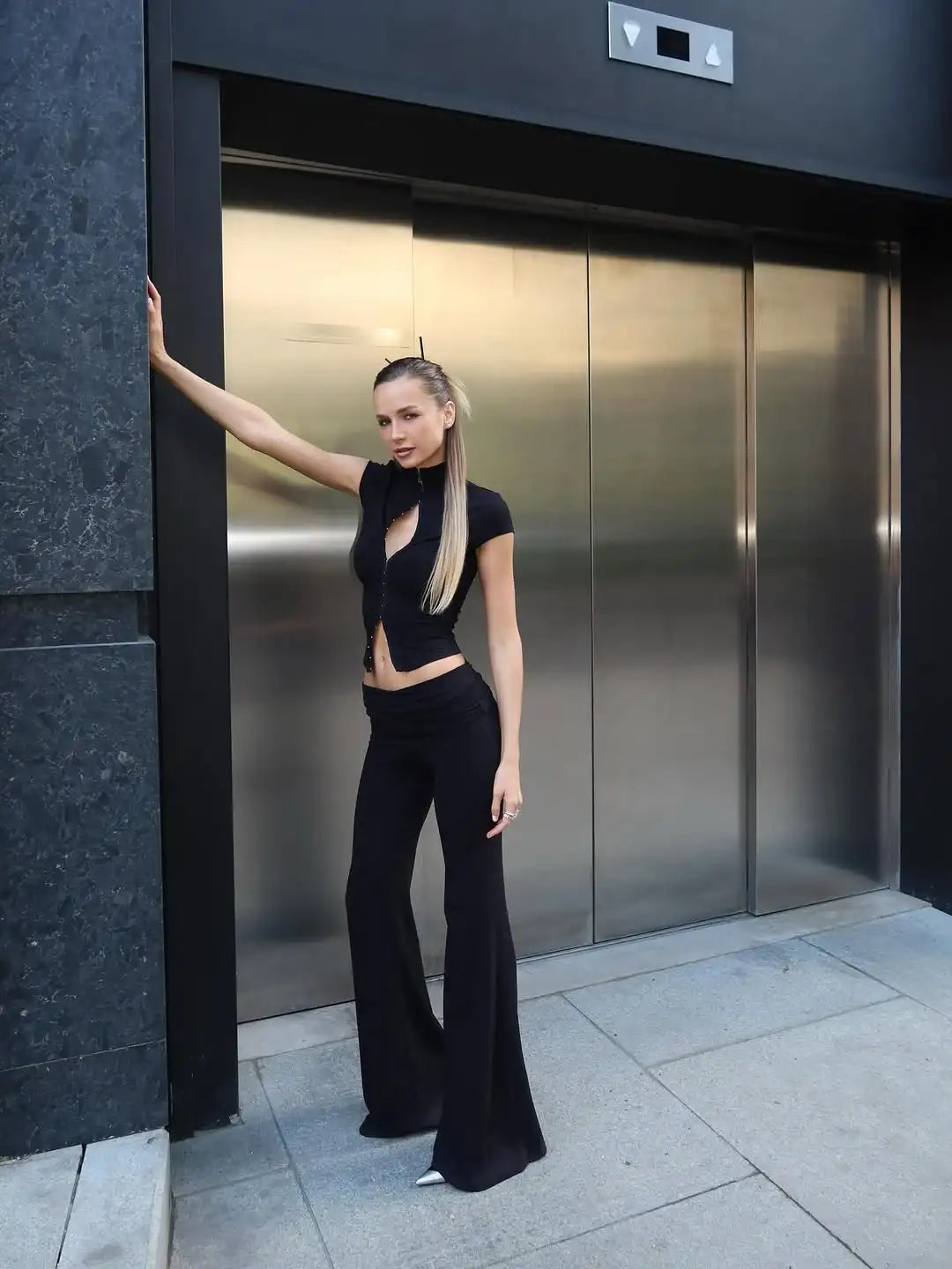 Women's Fashion Short Sleeve Pants Set Chic Tight Zipper Top Straight Leg Low Waist Trousers Casual Streetwear Commute Outfit