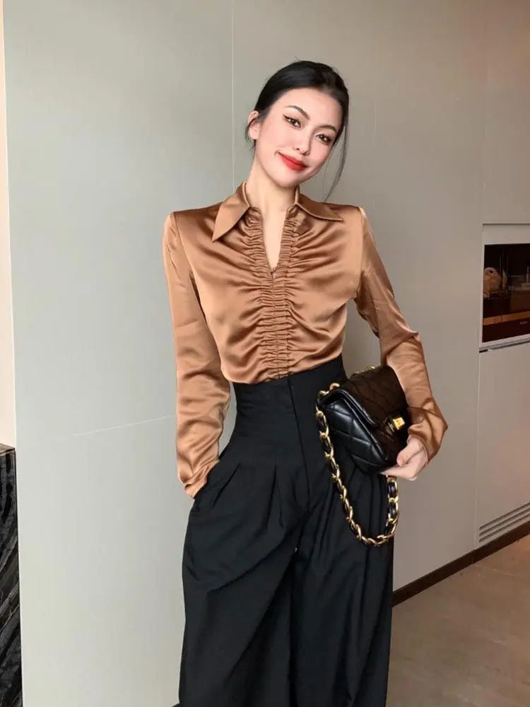 Women French Style Vintage Satin Luxury Designer Shirts Spring Autumn Fashion Elegant Blouse V Neck Long Sleeve Tops Chic Blusas SwiftNest