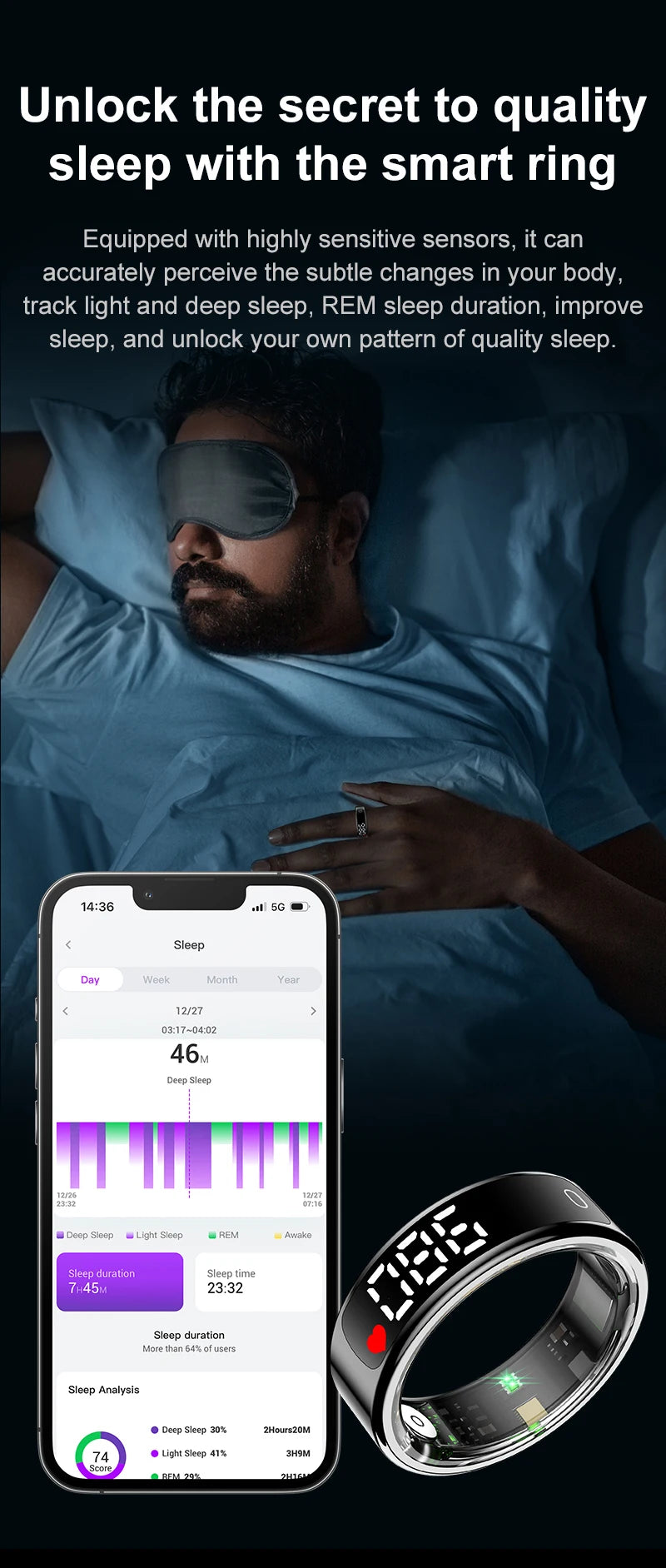 For Android IOS Phones Men Women Smart Ring With Charging Case Information Reminder Fitness Rings Pedometer Sleep Health Monitor